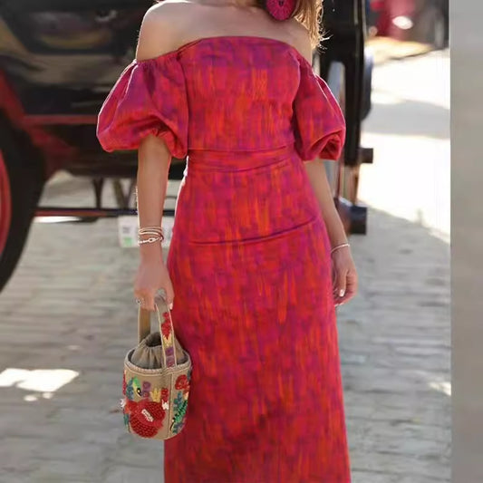 Dame Crop-Top og Maxiskørt Sæt med voluminøse ærmer og moderne mønster Stilla