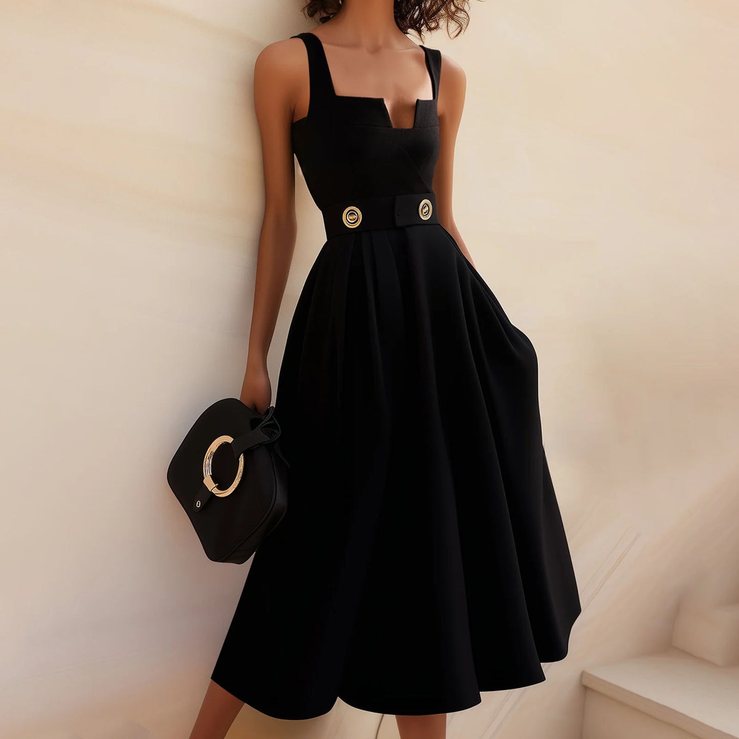 Dame A-linje Midi kjole med firkantet udringning og dekorativt bælte Stilla