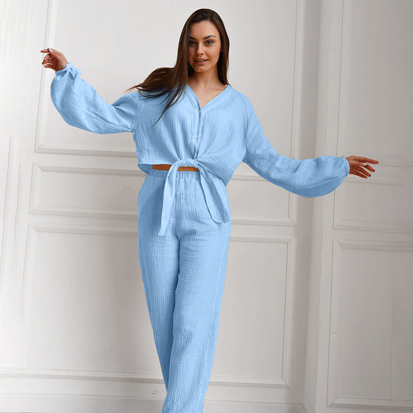 Dame afslappet cropped blusesæt med taljerbar knude Stilla