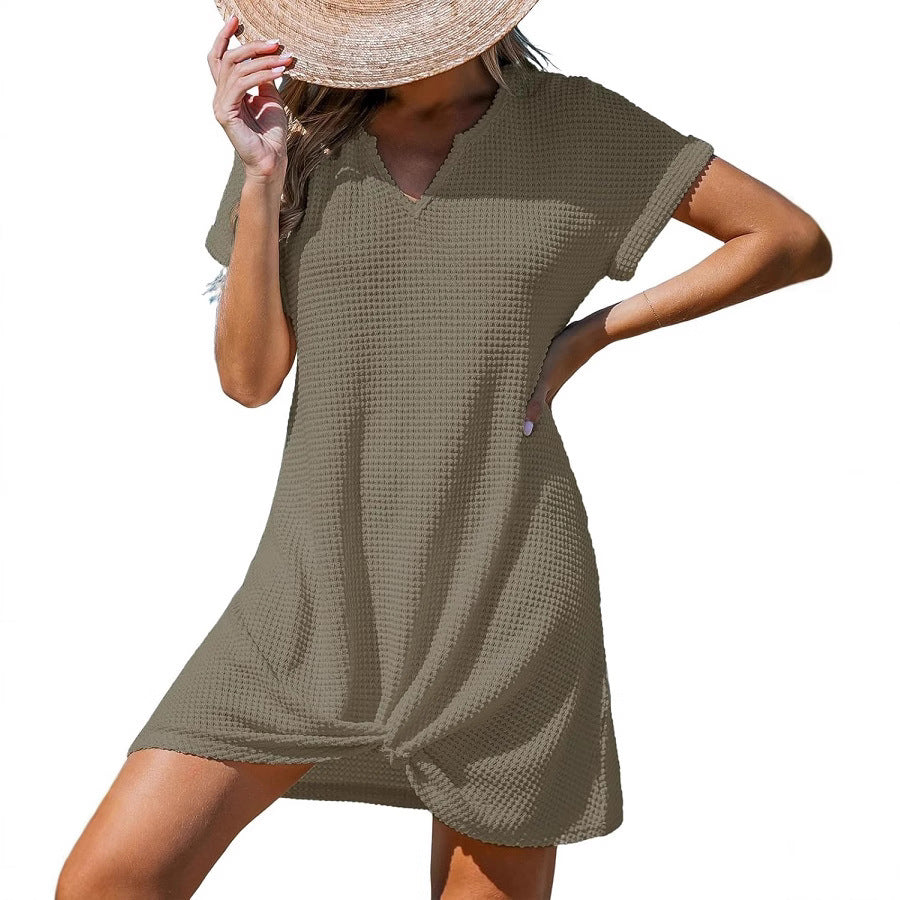 Dame afslappet kort skjortekjole med V-udskæring og ribstruktur Stiila