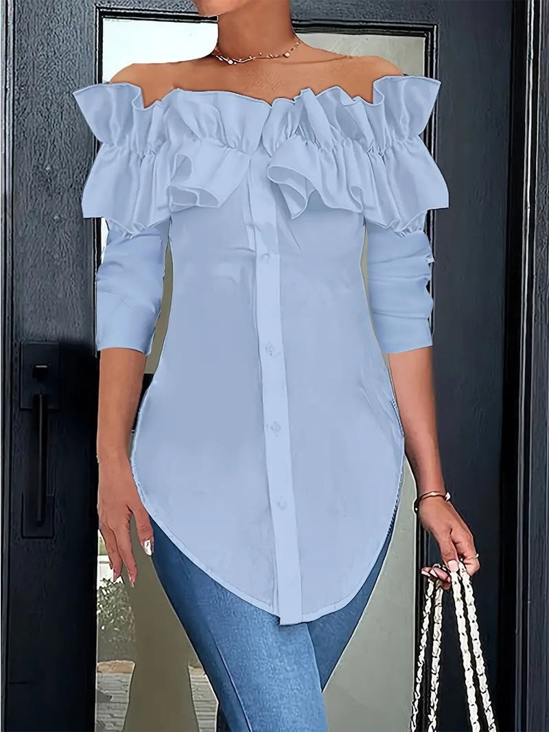 Dame Elegant Bluse med Ruffle detaljer og hjerteformet U-udskæring Stilla