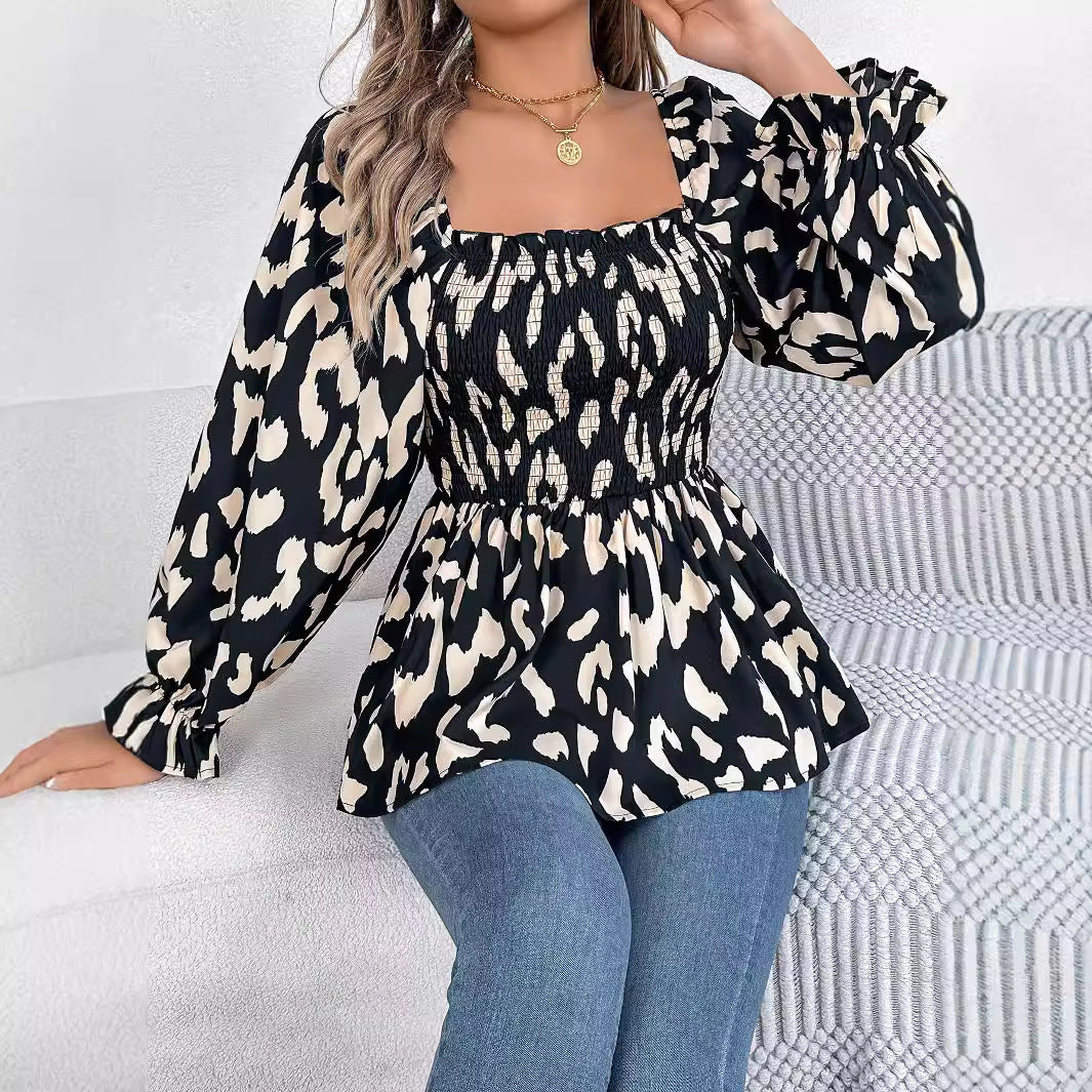 Dame Elegant Bluse med dyreprint og elastisk talje Stilla