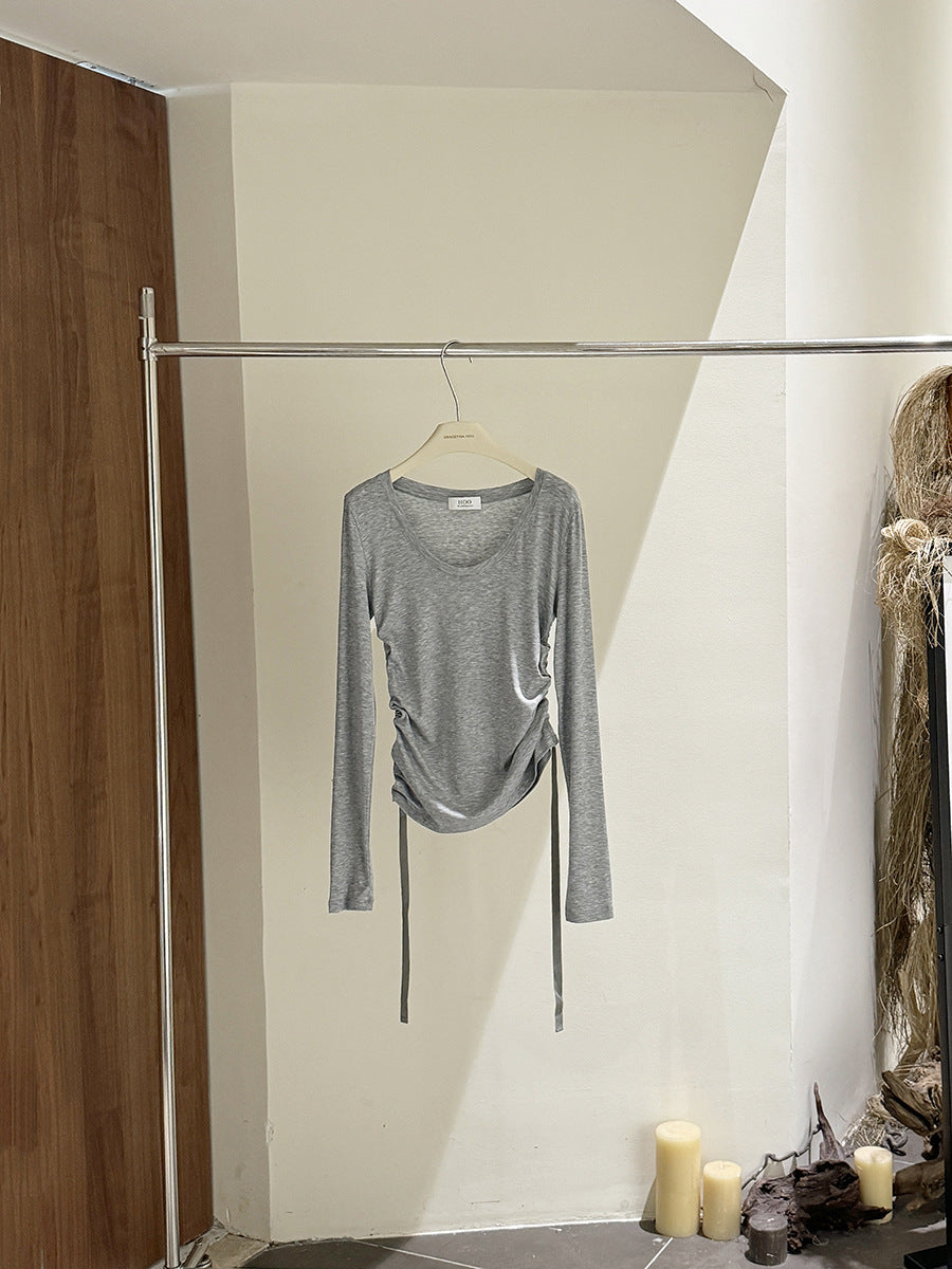 Dame afslappet langærmet bluse med rynker og bindebånd Stilla