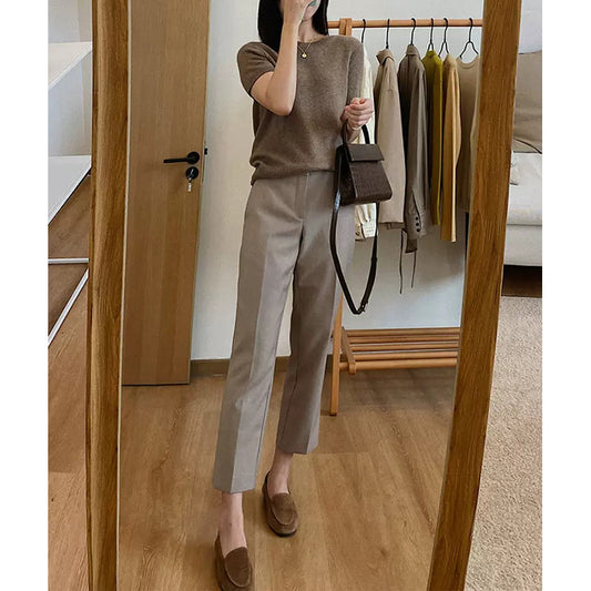 Dame elegant justerbar stofbukser med høj talje og smal ben Stilla