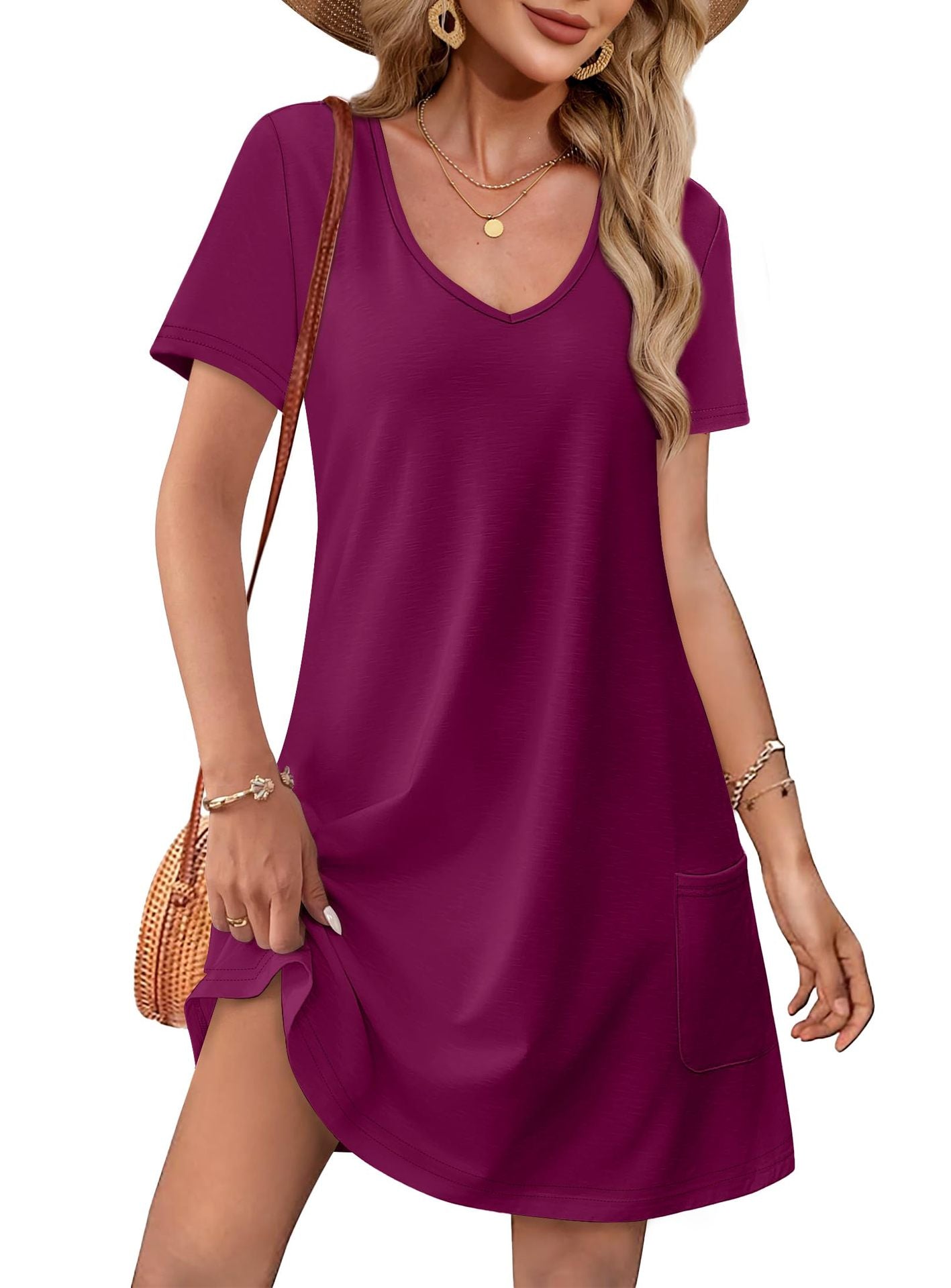 Dame afslappet sommerkjole med dyb V-hals og praktiske lommer Stilla