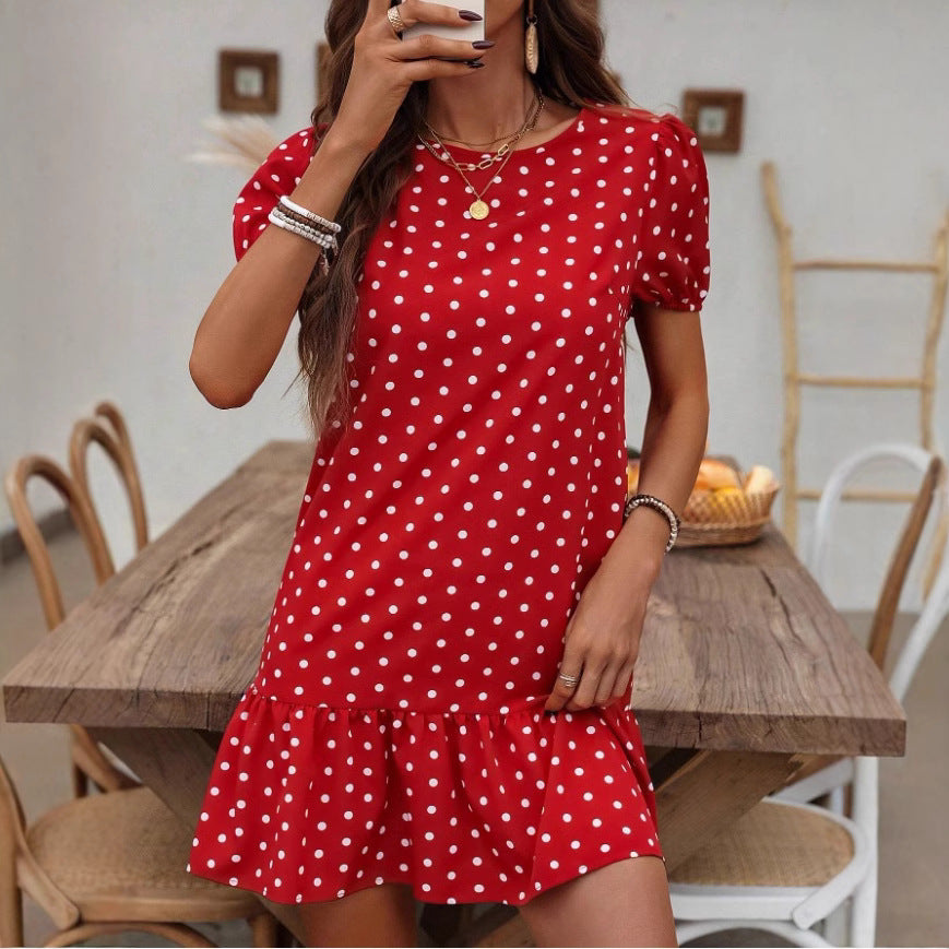 Dame Polka Dot Sommerkjole med Flæsekant og Puffærmer Stilla