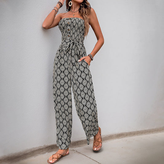 Dame hverdag jumpsuit med elastisk overdel og modigt mønster Stilla