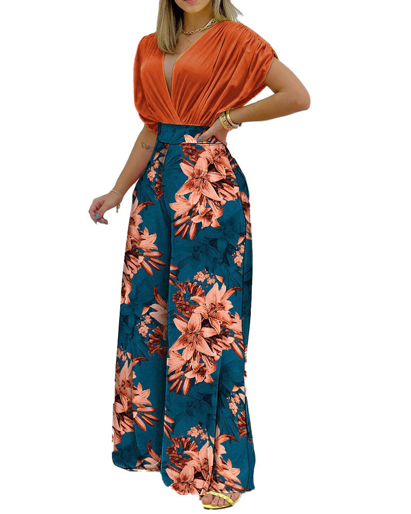 Dame Elegant Jumpsuit med blomsterdesign og dyb V-udskæring Stilla