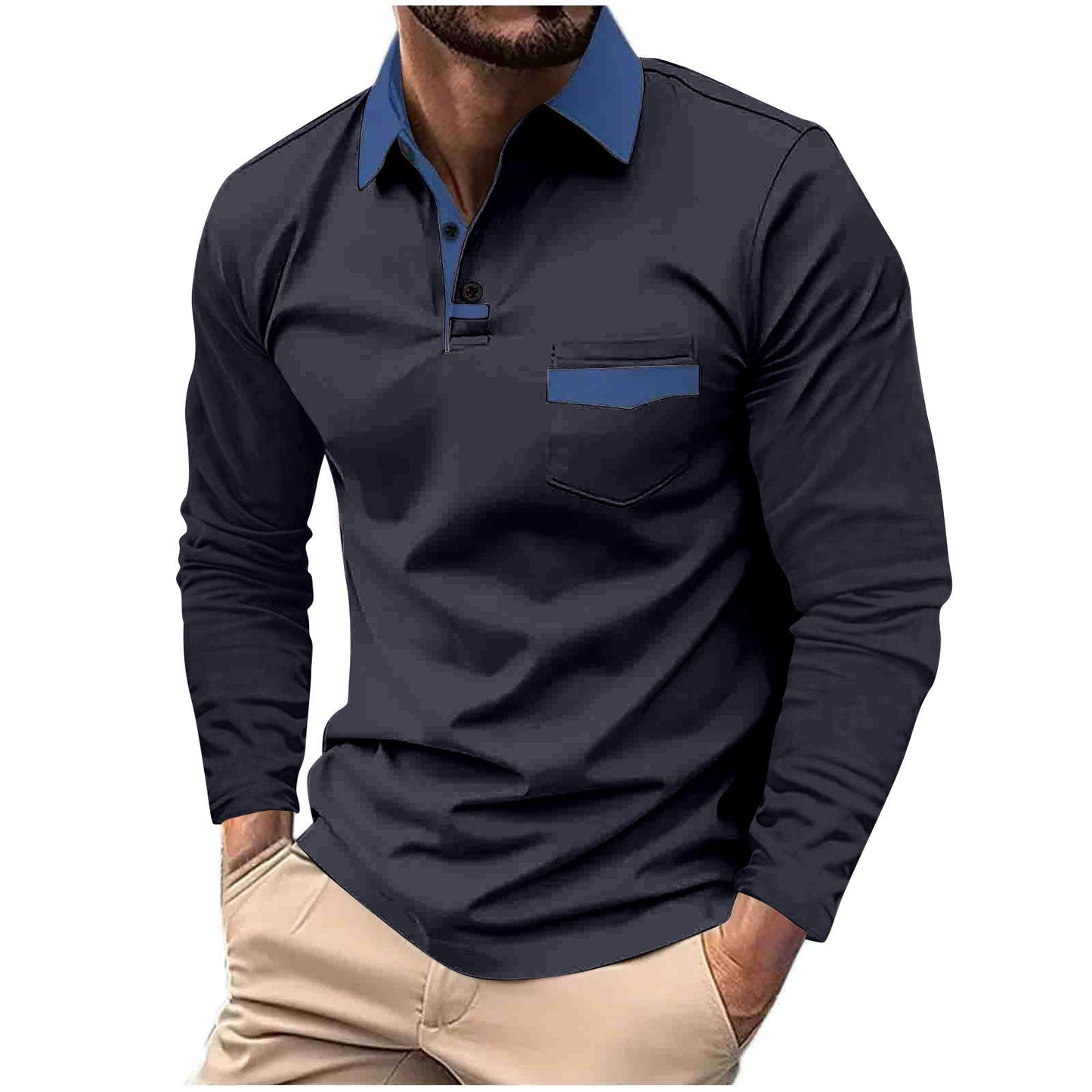 Herre Langærmet Poloshirt med moderne krave og praktiske brystlommer Stilla