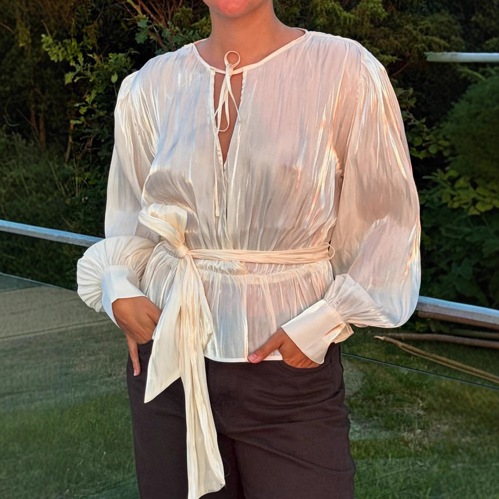 Dame elegant bluse med voluminøse ærmer og til at binde Stilla