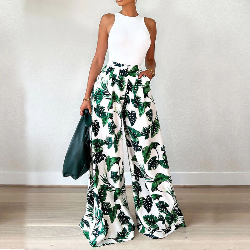 Dame Elegant Jumpsuit med bred ben og blomsterbladmønster Stilla