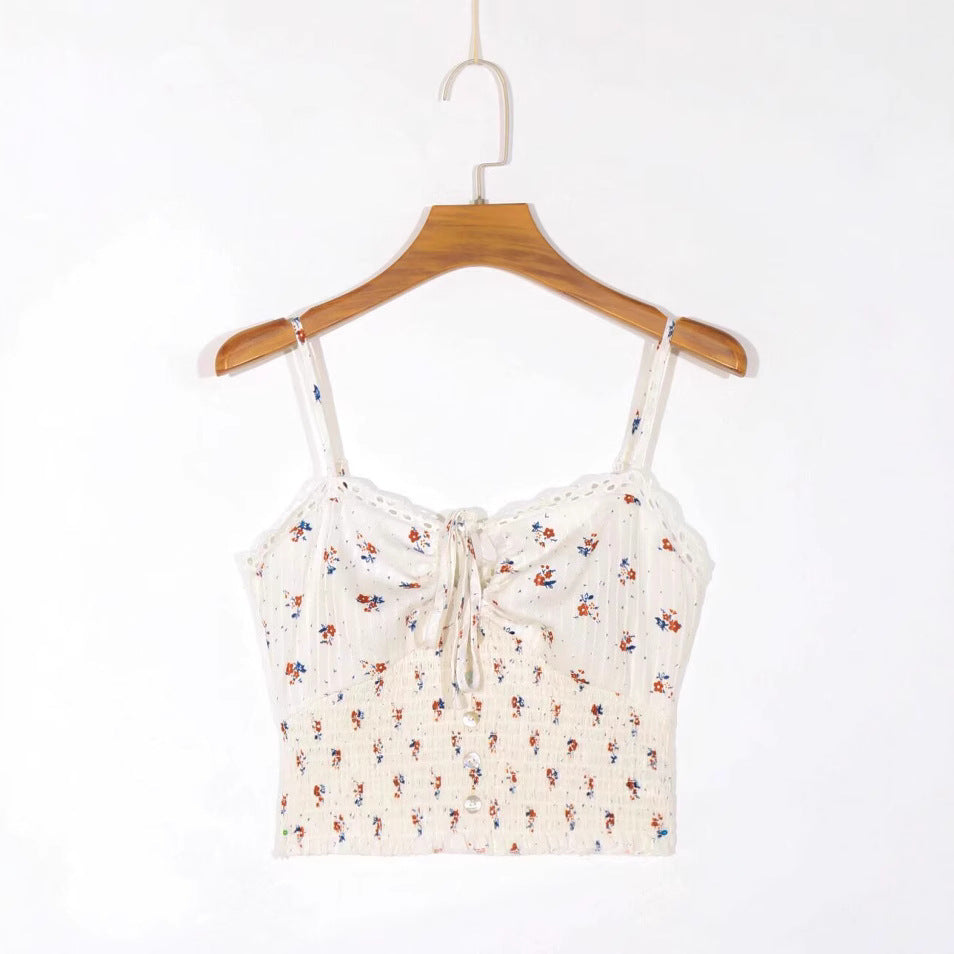 Dame Cropped Spaghetti-strap top med florale accenter og elegant drapering Stilla