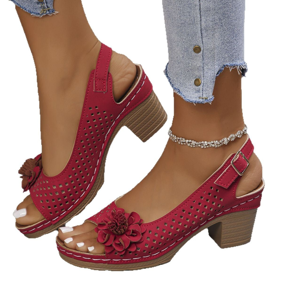 Dame åbne sandaler med dekorativ blomsterapplikation og åndbar hulstruktur Stilla