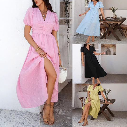 Dame Elegant Knap-Op Maxi Kjole Stilla