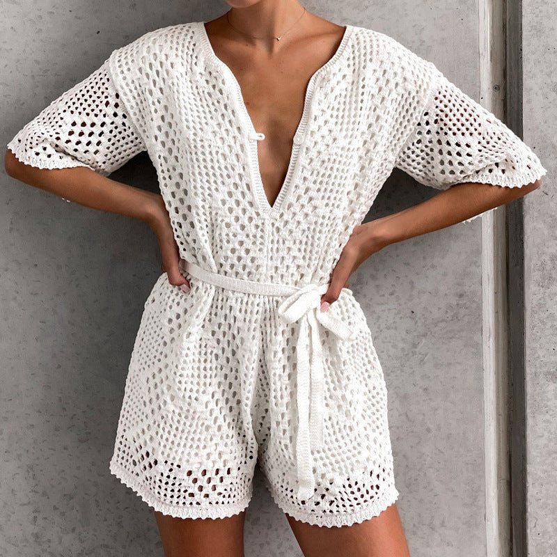Dame Hæklet Jumpsuit med dyb V-udskæring og taljebælte Stilla