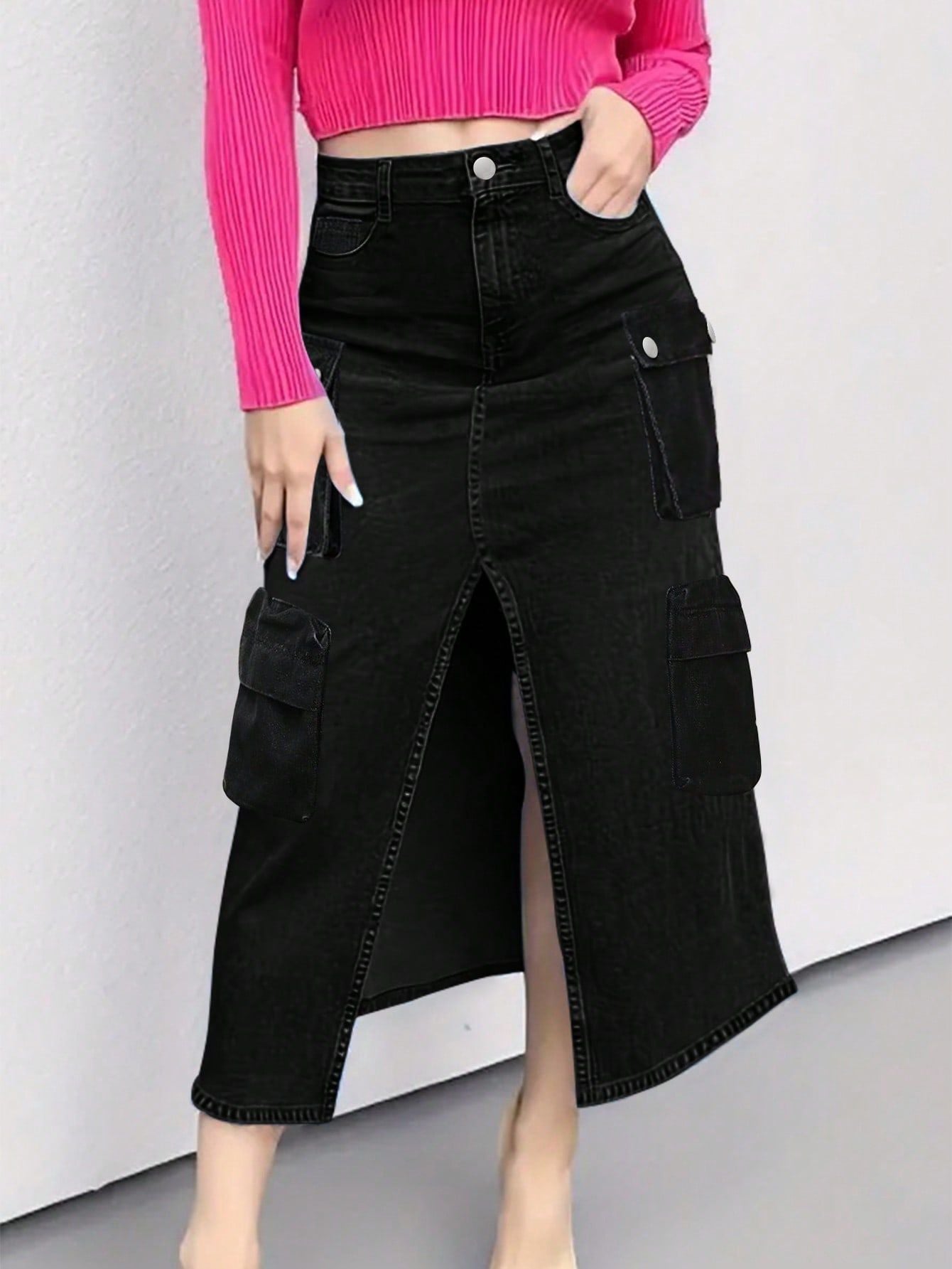 Dame Denim-Midi-Nederdel med praktiske cargo-lommer og slidsfokuseret design Stilla