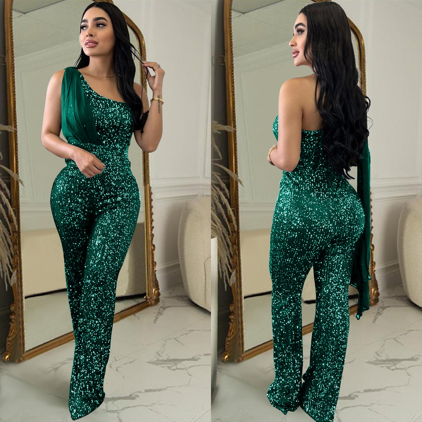 Dame Elegant Paillet-Jumpsuit med asymmetrisk udskæring og figursyet pasform Stilla