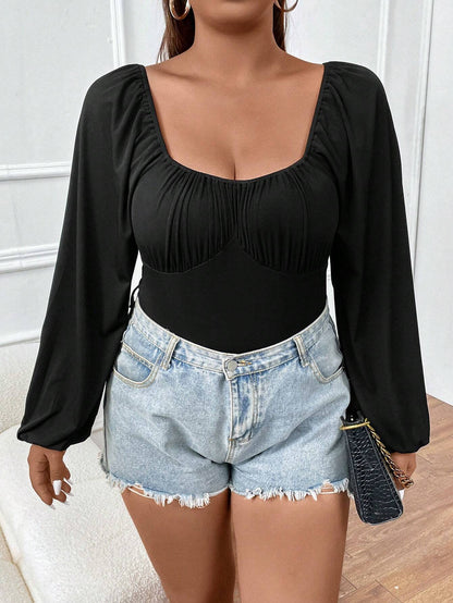 Dame figursyet Langærmet Bodysuit med rynkede detaljer Stilla