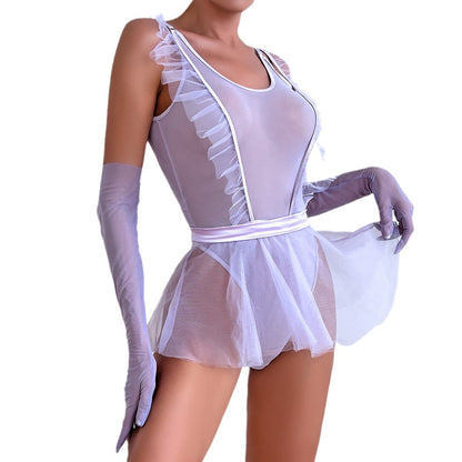 Dame romantisk rynket tyl bodysuit med lange ærmer Stilla