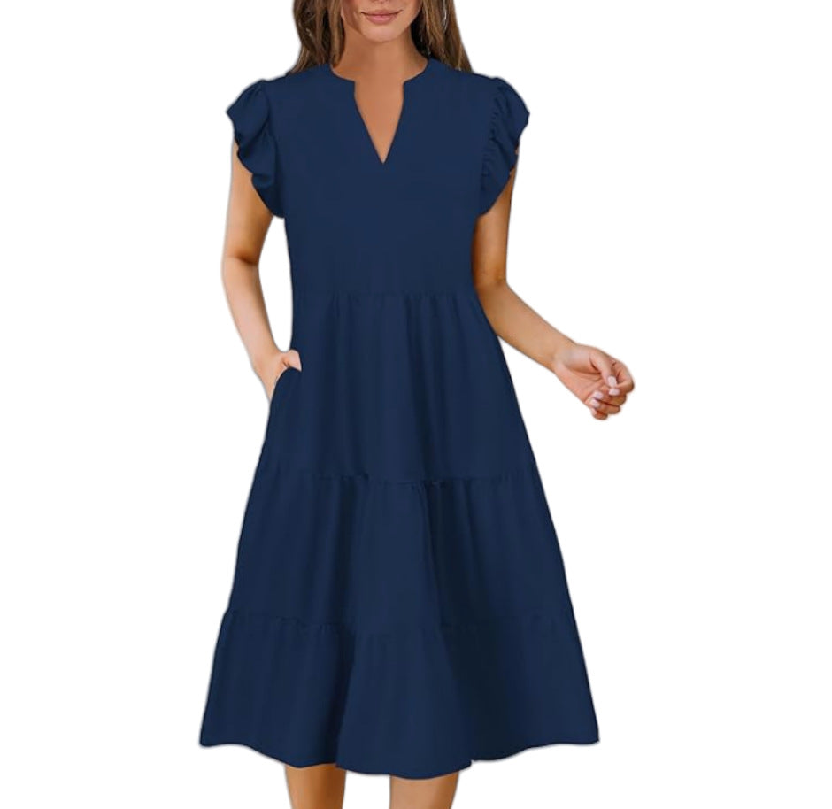 Dame afslappet sommerkjole med uldne ærmer og V-hals Stilla