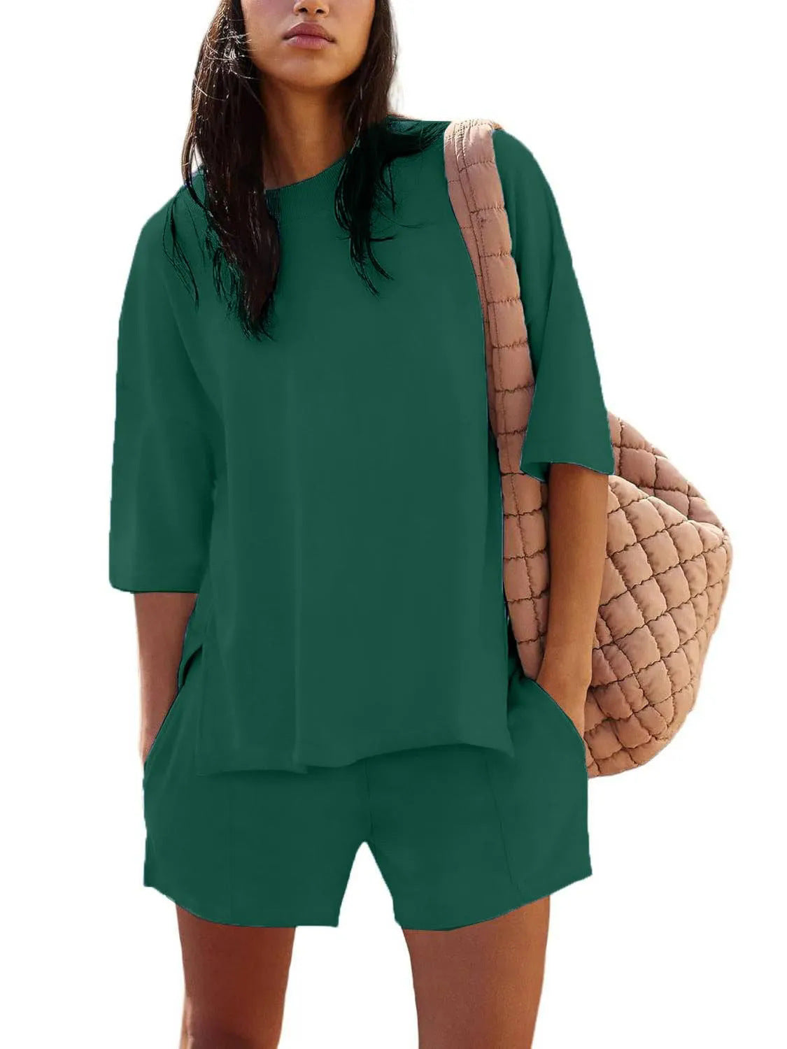 Dame afslappet kortærmet sæt med lommer og rund halsudskæring Stilla