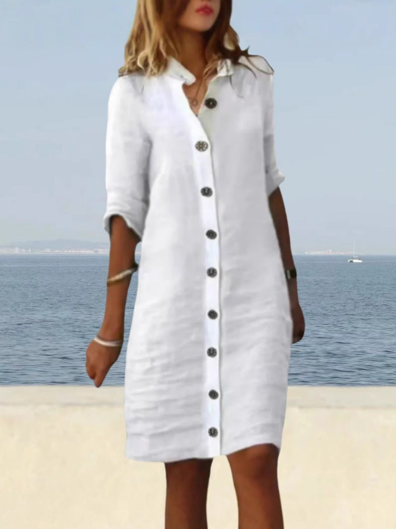 Dame afslappet linnedragt med knaplukning og praktiske lommer Stilla