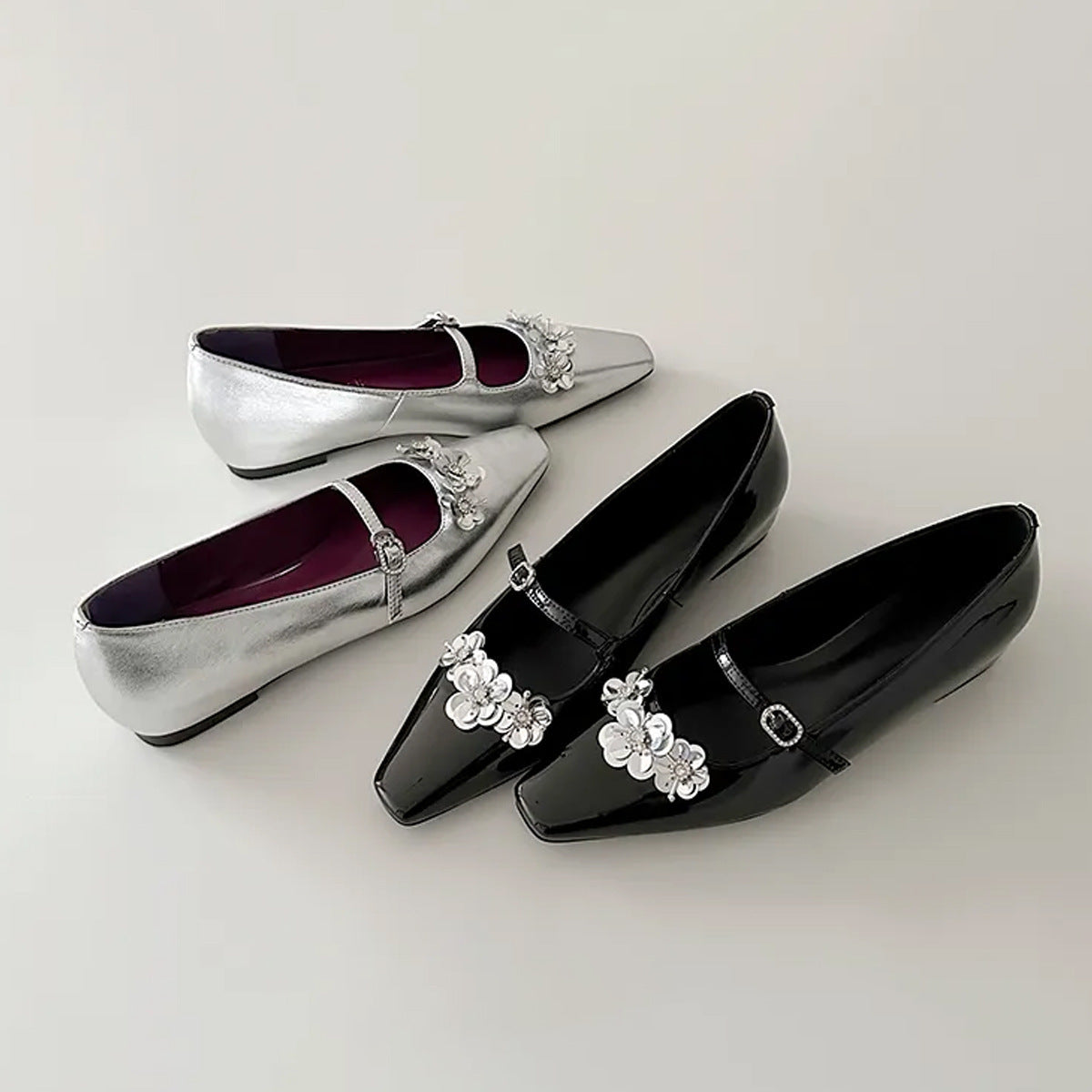 Dame Elegant Flad Mary Jane Sko med Blomsterdekoration Stilla