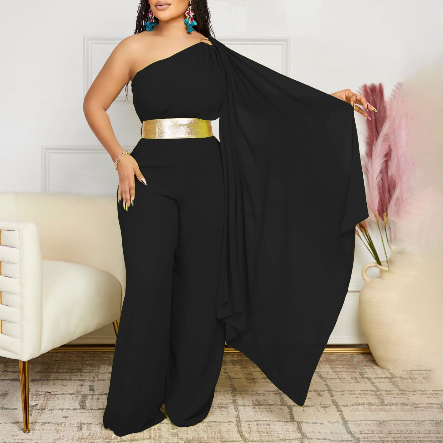 Dame elegant jumpsuit med asymmetrisk snit og glamorøs talje bælte Stilla
