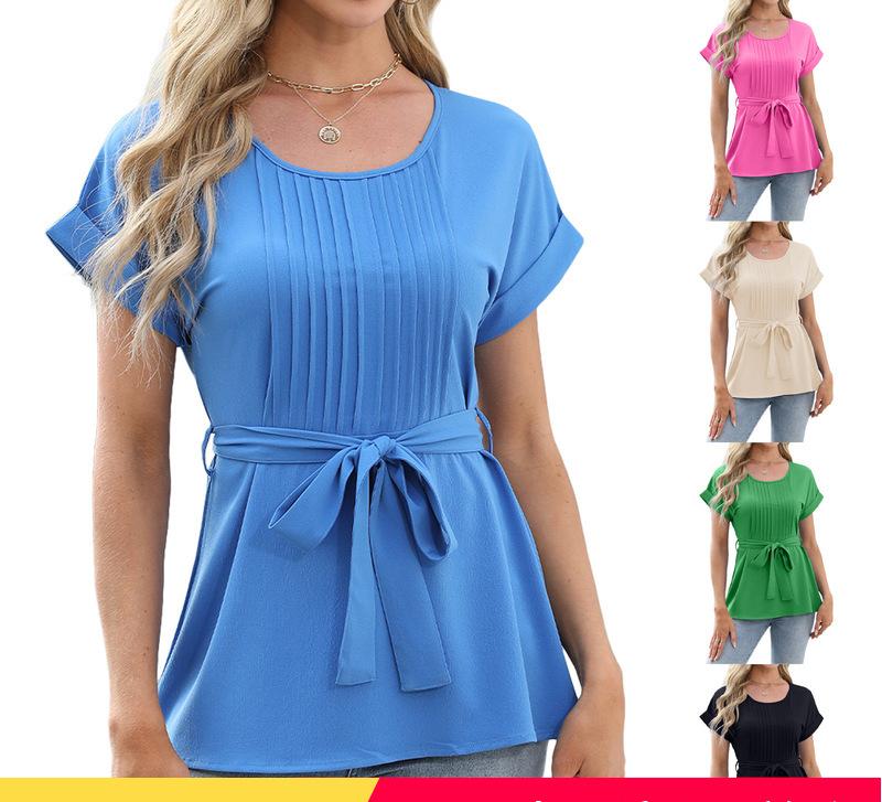 Dame elegant bluse med talje bælte og folder Stilla