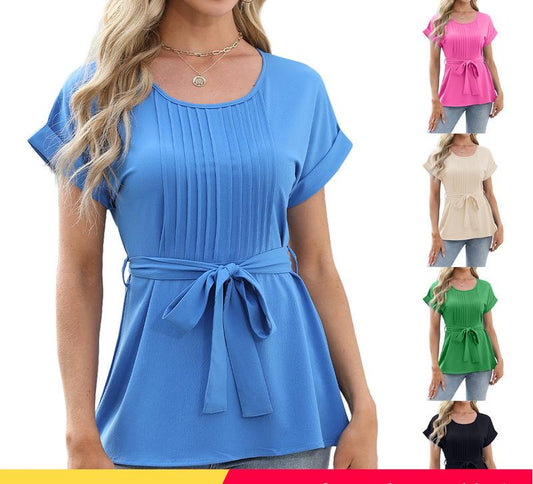 Dame elegant bluse med talje bælte og folder Stilla