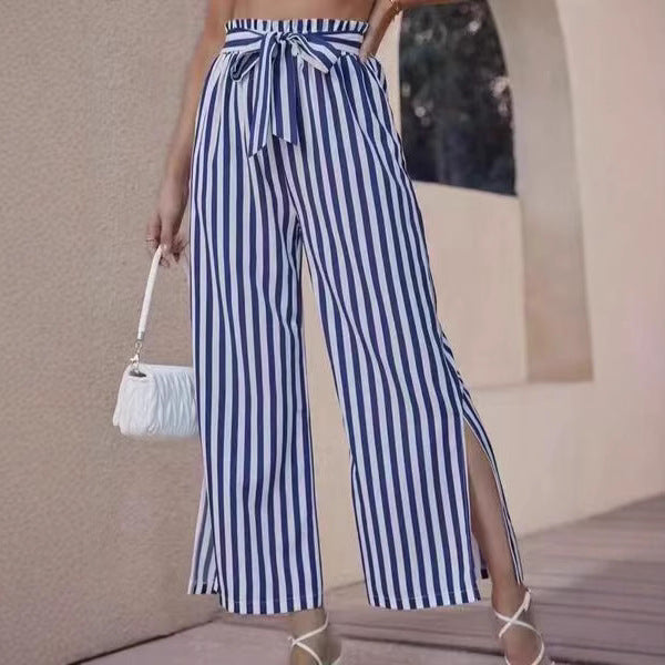 Dame Elegant Høj Talje Palazzo Bukser med Sideslids og Bindebælte Stilla