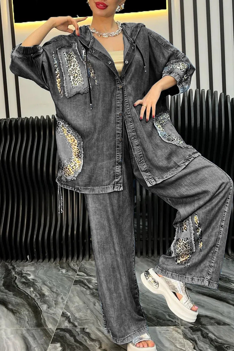 Dame afslappet denim sæt med hætte og dyreagtige accenter Stilla