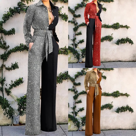 Kvinder Elegant Jumpsuit med glitrende overdel og bredt ben Stilla