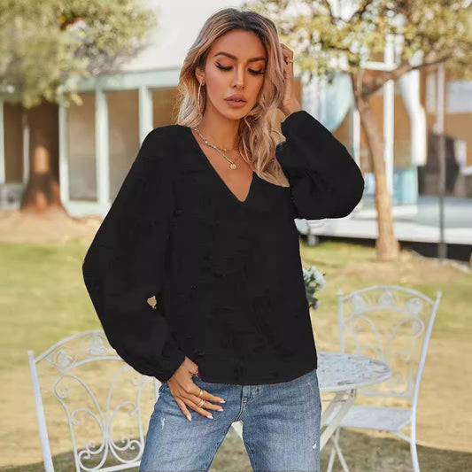 Dame Elegant Bluse med V-Hals og Ballonærmer Stilla