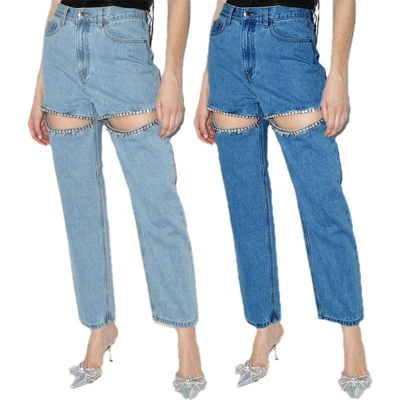 Damejeans med dekorative cut-outs og strasspynt Stilla