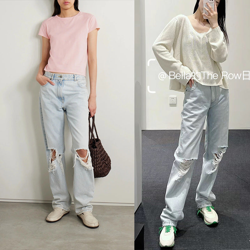 Dame Destroyed Jeans med bred ben og høj talje Stilla