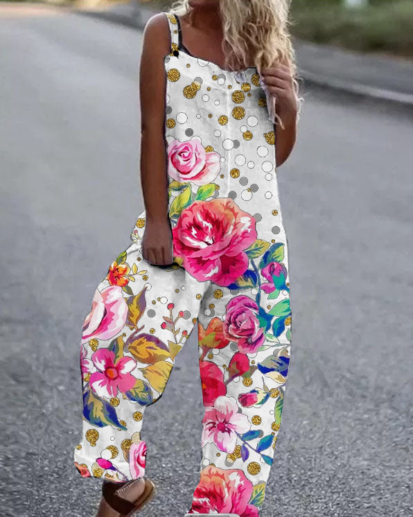 Dame Blomstret Mønstret Jumpsuit med Bred Ben og Spaghetti-Stropper Stilla