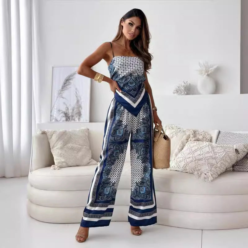 Dame elegant jumpsuit med fine stropper og unikt mønster Stilla