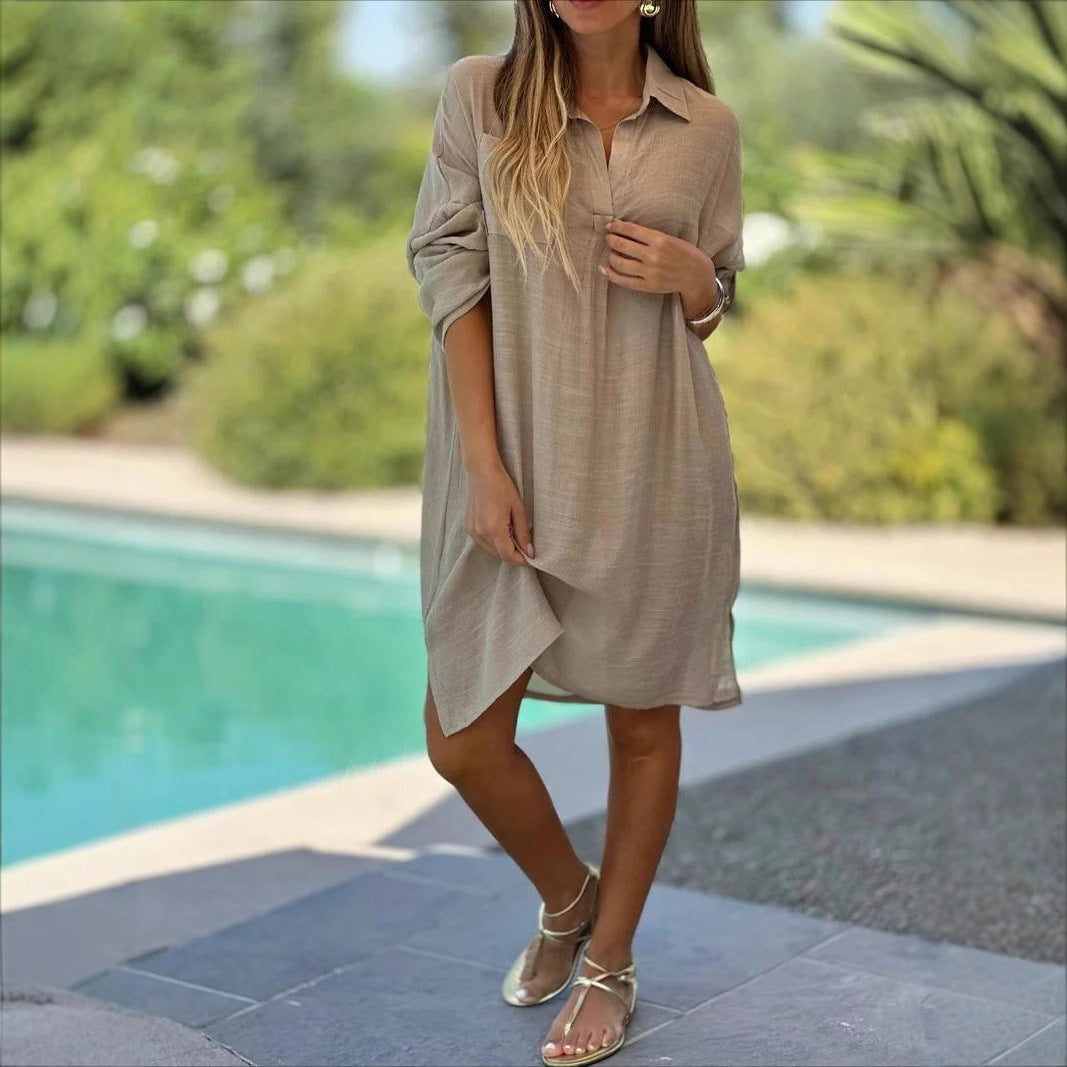 Dame afslappet skjortekjole med elegante oversized ærmer og flydende snit Stilla