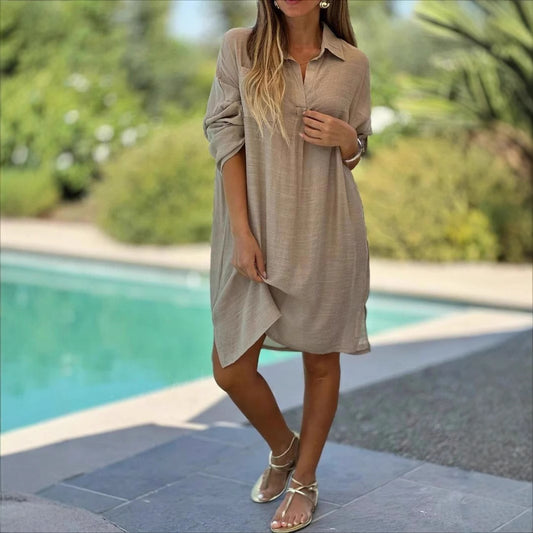 Dame afslappet skjortekjole med elegante oversized ærmer og flydende snit Stilla