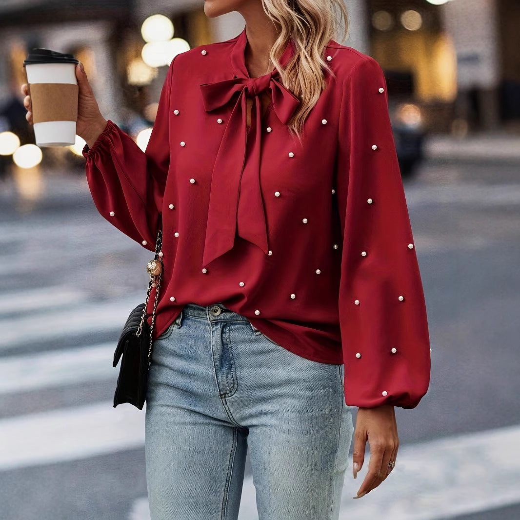 Dame elegant bluse med sløjfe krave og perle detaljer Stilla