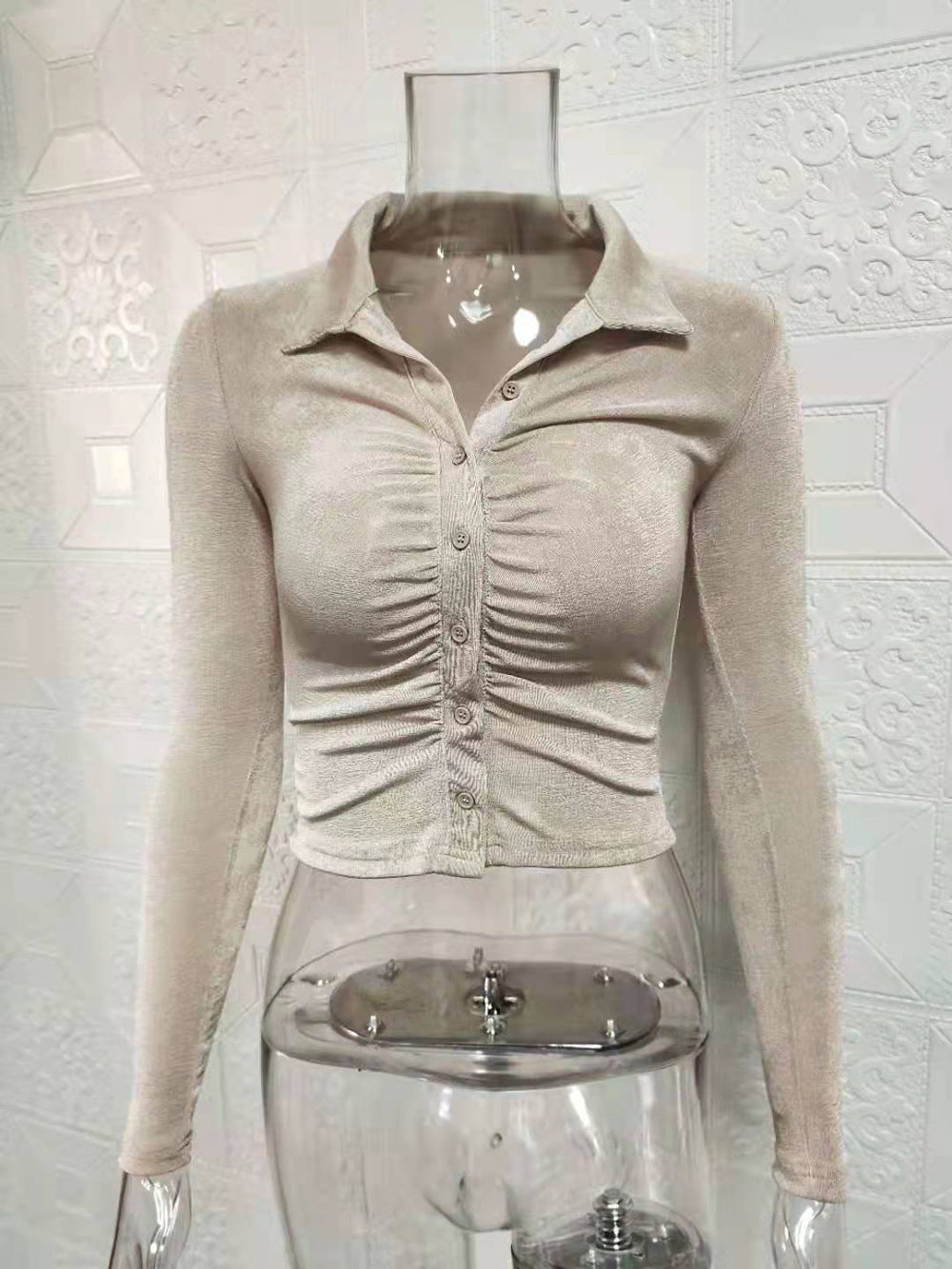 Dame Cropped Langærmet med Rynkning og Knapliste Stiila