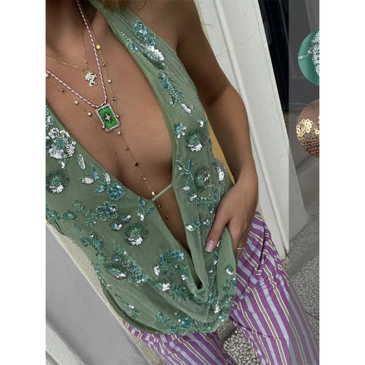 Dame Elegant Chiffonbluse med Glitter-Applikationer Stilla