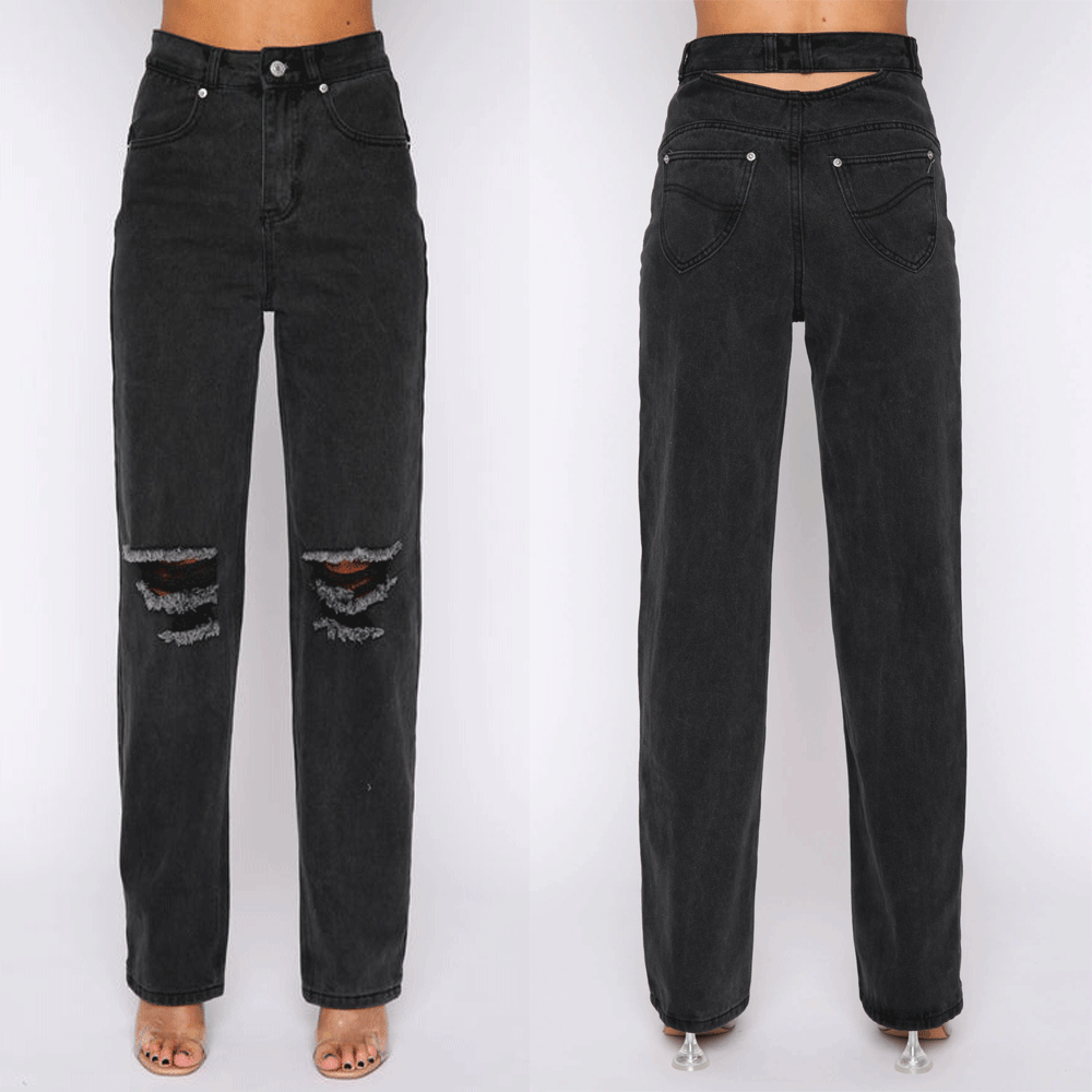 Damer High-Waist Jeans i afslappet Loose-Fit stil med iøjnefaldende Ripped-detaljer Stilla