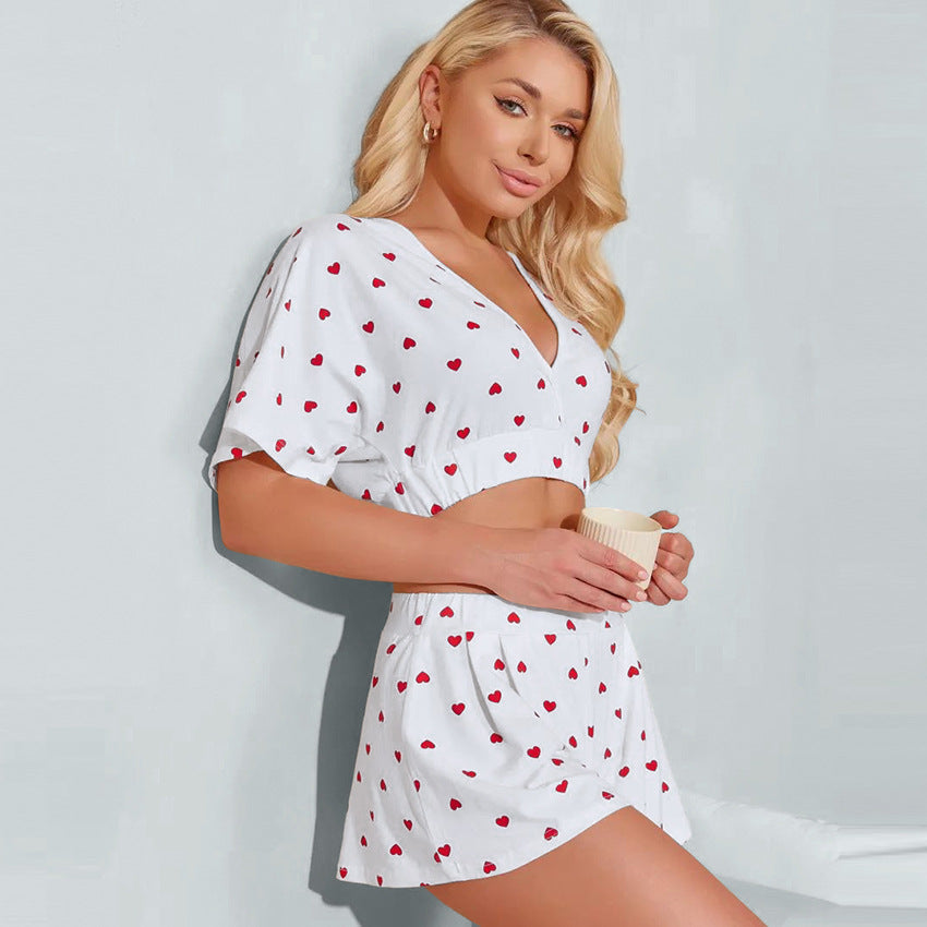 Dame cropped overdel og shorts sæt med hjerte-motiver Stilla