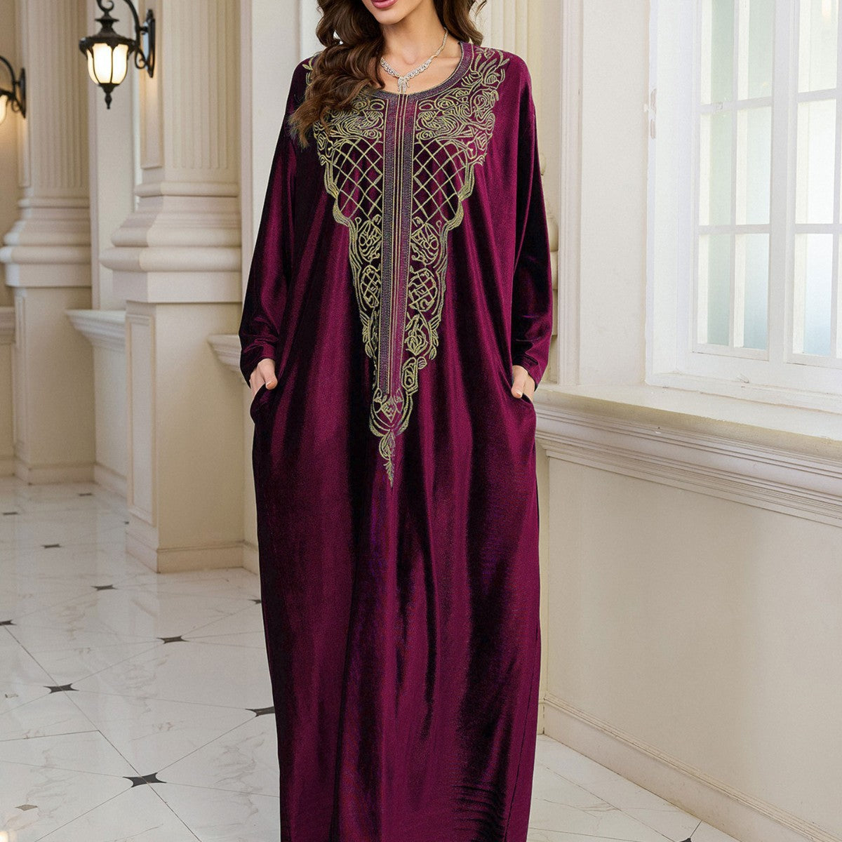 Dame elegant Kaftan med kunstnerisk broderi og bred pasform Stilla