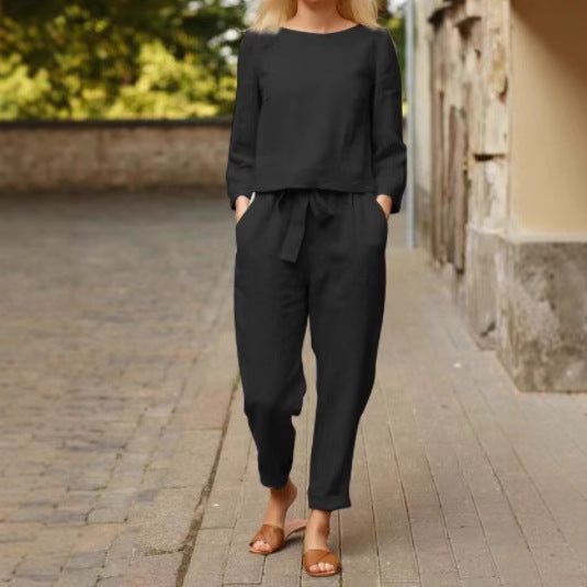 Dame afslappet linnedragt sæt med høj talje og taljehjælp Stiila