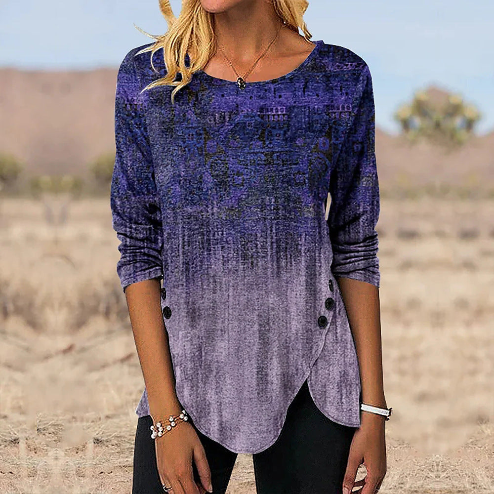 Dame afslappet langærmet skjorte med asymmetrisk snit og dekorative knapper Stilla