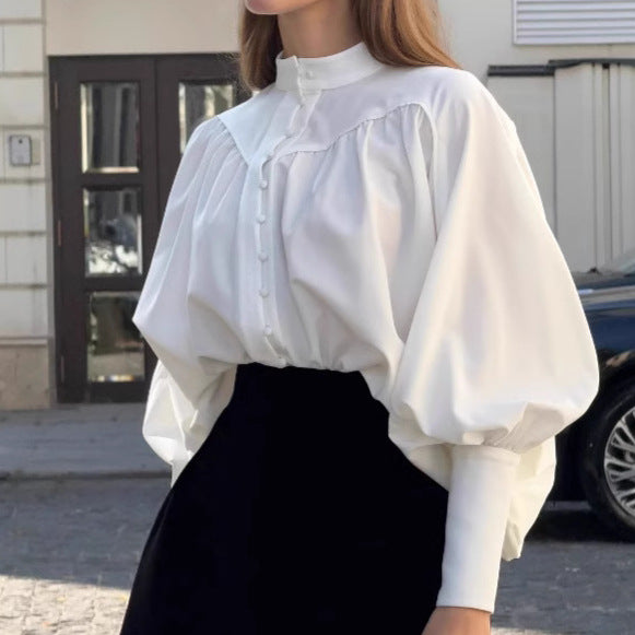 Dame Elegant Bluse med voluminøse ærmer og klassisk ståkrave Stilla