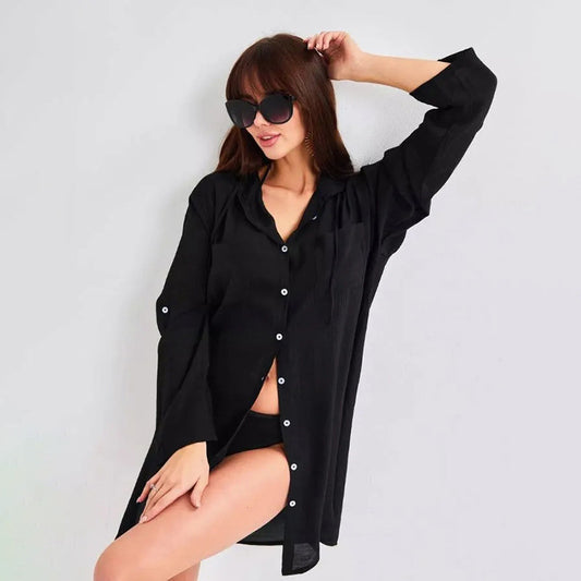 Dame afslappet skjortekjole med brystlommer og lange ærmer Stilla